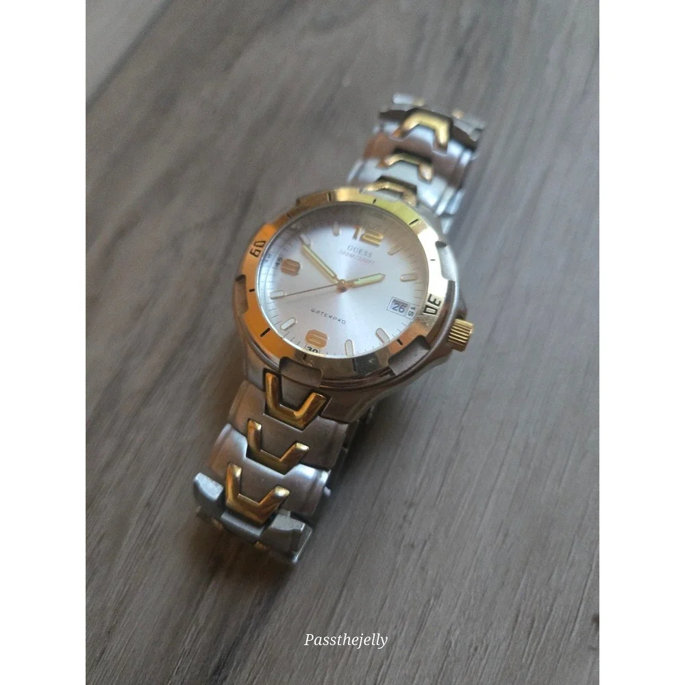 VTG GUESS Watch Mens Waterpro G65025G Two Tone Gold Date Quartz 100M Sport Y2K